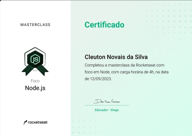 Foto Certificado: Masterclass com Foco em Node.js